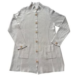 Eileen Fisher Silk Cotton Long Button Front Stand Collar Cardigan Large Bone Tan